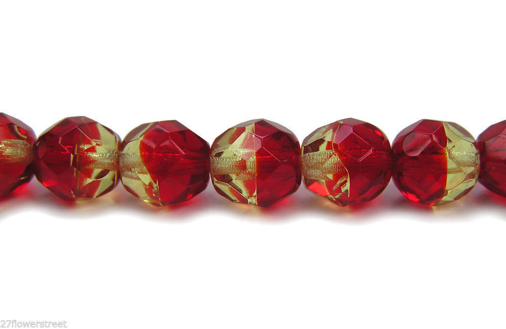Czech Fire Polished Round Faceted Beads in Fire Opal 2-tone color, 16”, 4-6-8mm