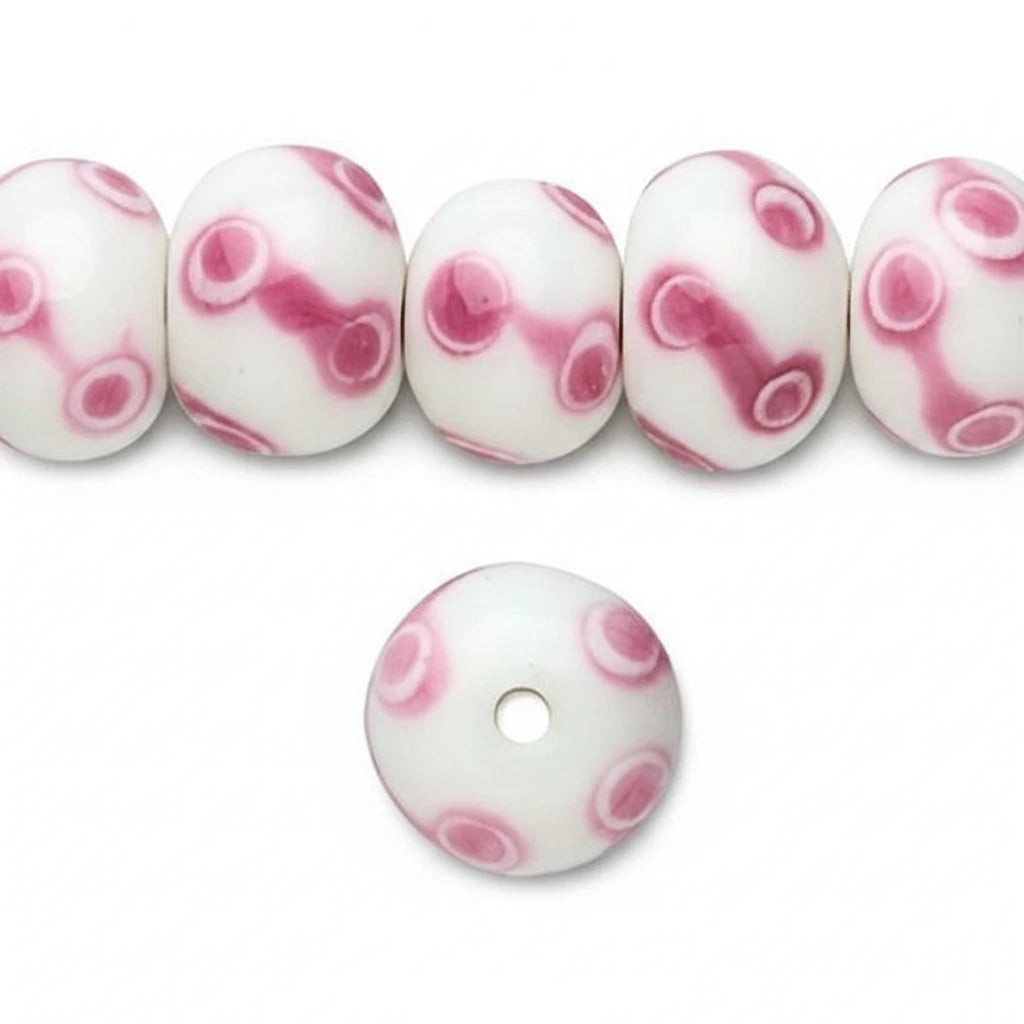 Lampwork Glass White with Pink Swirls 12x9mm Rondelle Beads 1 Strand(20-22) *