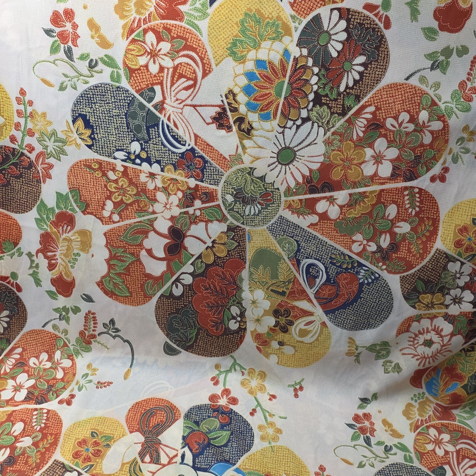 Vintage Japanese Fan Motif Fabric Bolt Polyester Kimono Floral 3.4 Yd Wide…