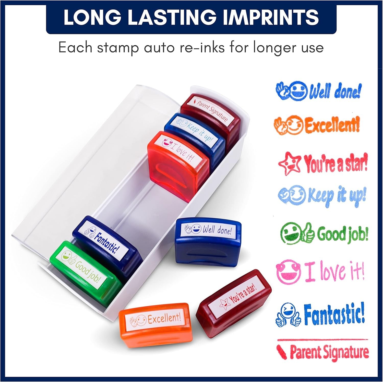 8 Piece Colorful School Teacher Self Inking Reward Stamps W/ Parent Signature