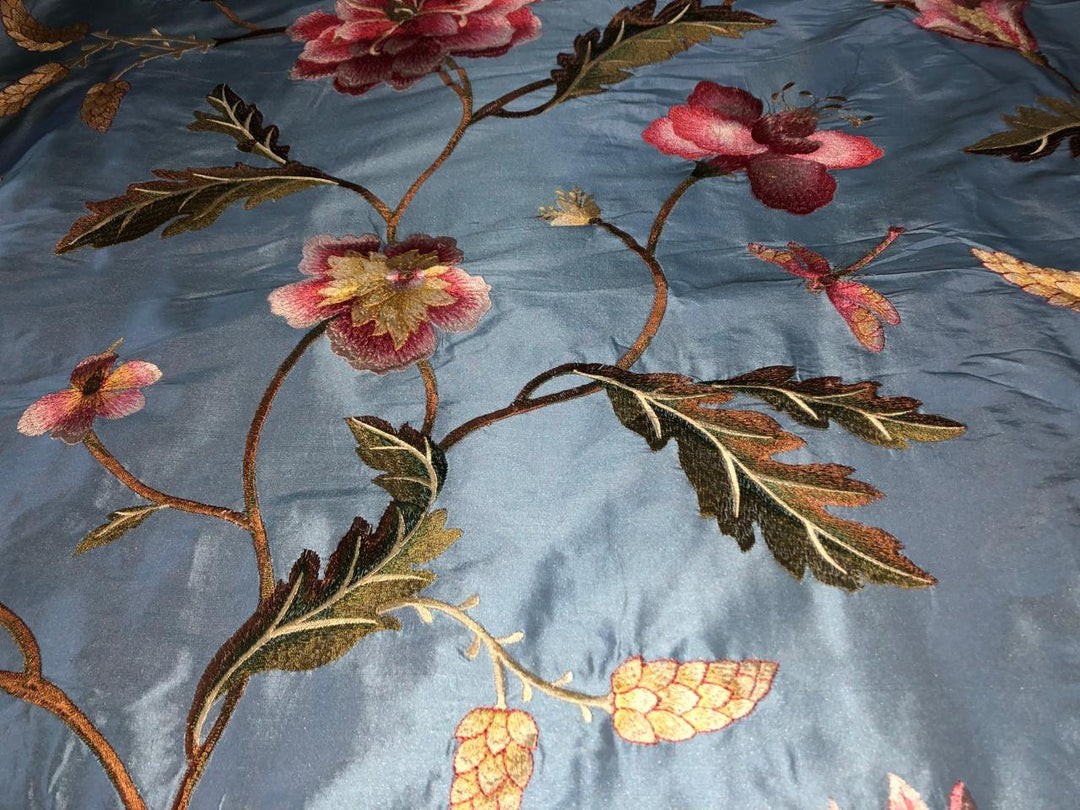 100% Silk dupioni silk 54″-Blueish grey [slate blue] with floral embroidery