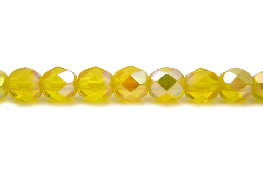 Czech Fire Polished Round Faceted Glass Beads in Citrine AB yellow, 4mm, 6mm