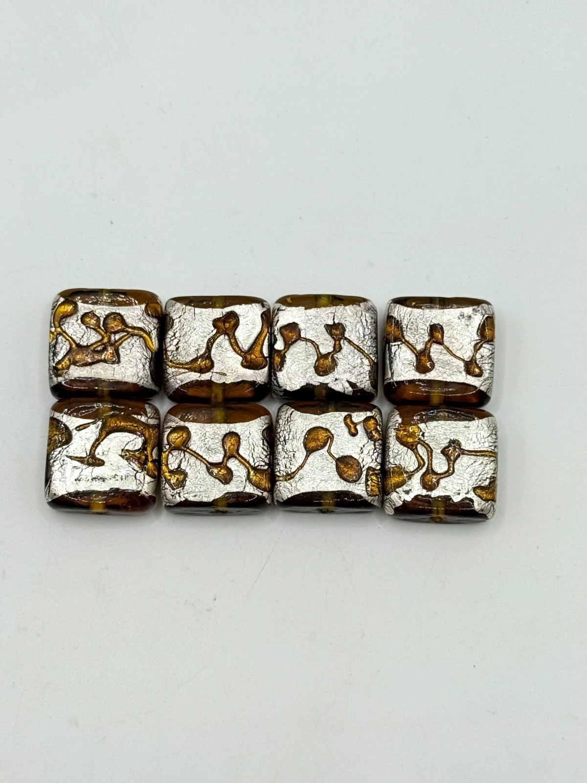 Silver and Amber 18mm Square Glass Silver Foil Lampwork Beads (8 beads)
