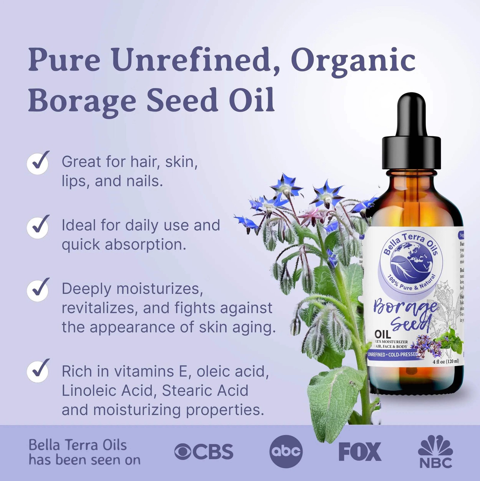 Borage Seed Oil: Cold-Pressed, Pure, Ideal for Skin and Hair Nourishment
