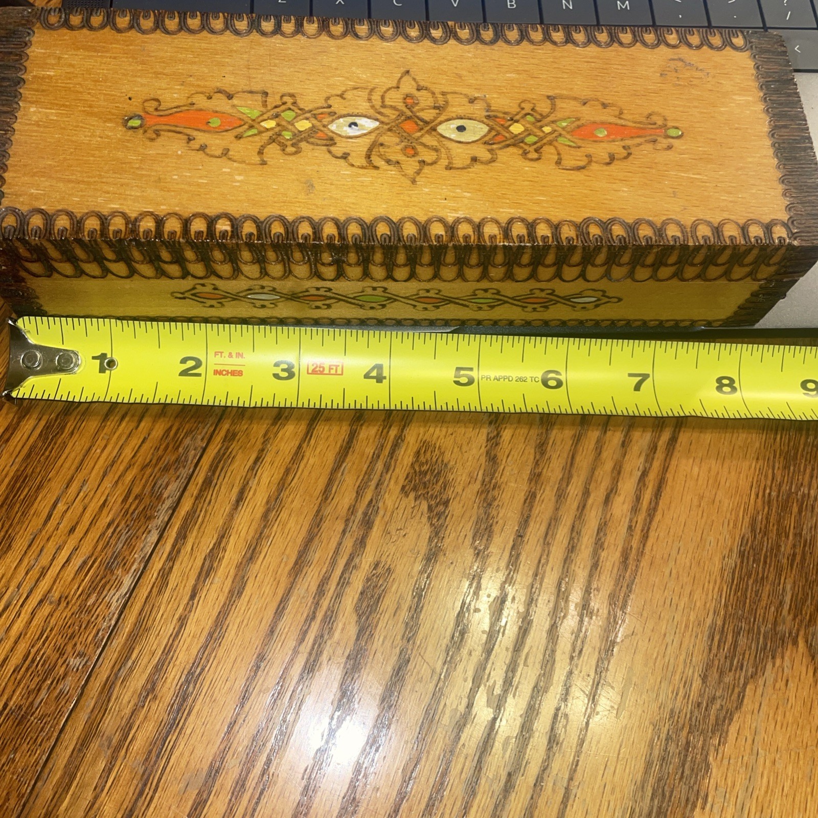 Vtg Wooden Pyrography Pencil Trinket Box Hand Painted & Burned Made in Bulgaria