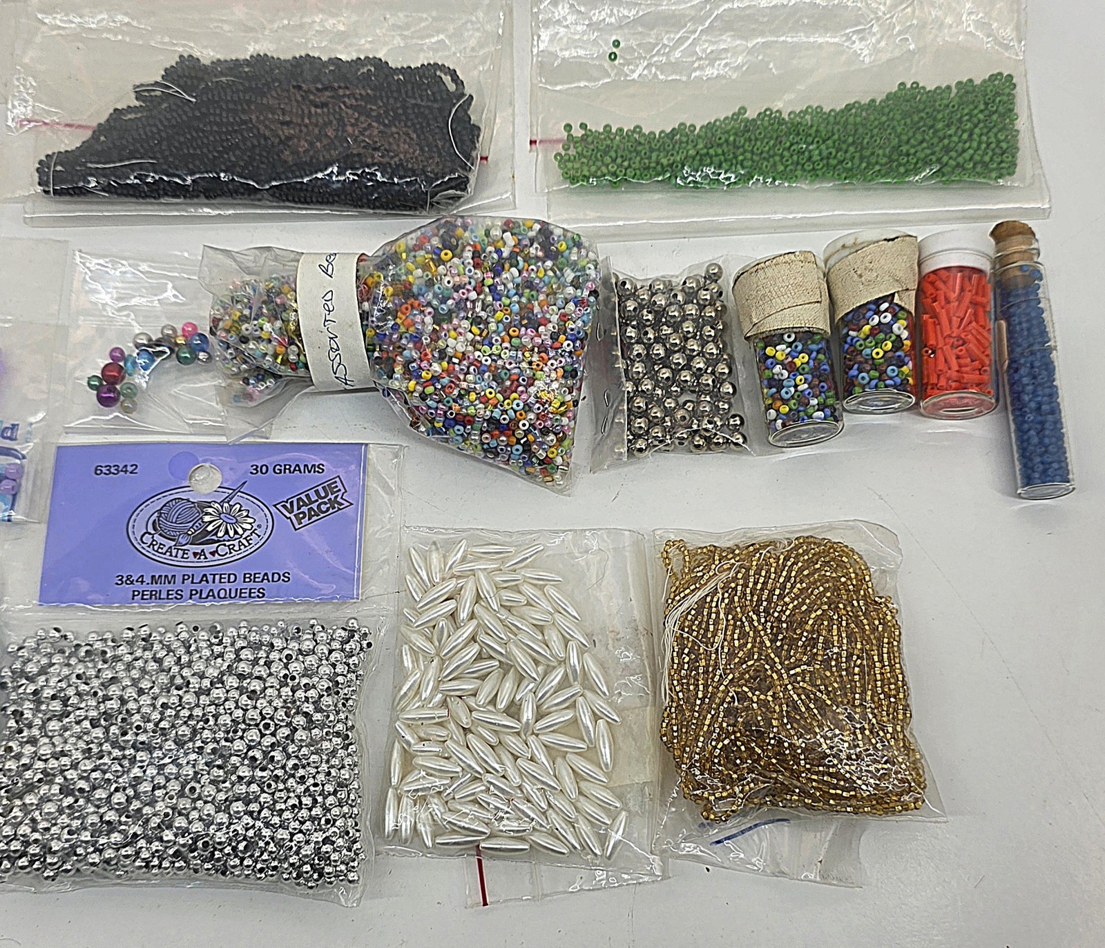 Seed Bead Lot Mixed Sizes, Colors & Materials, 33 packs 2.3 Lbs