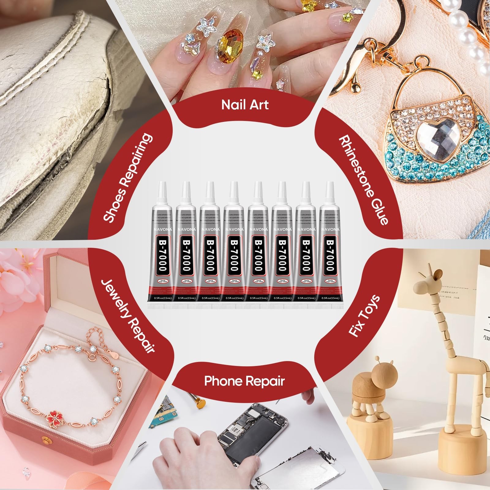 8 PCS 15ml B7000 Glue Clear with Precision Tip, Bedazzling Glue, Super