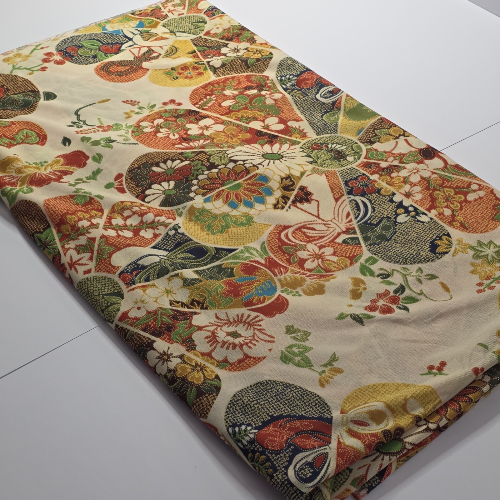 Vintage Japanese Fan Motif Fabric Bolt Polyester Kimono Floral 3.4 Yd Wide…