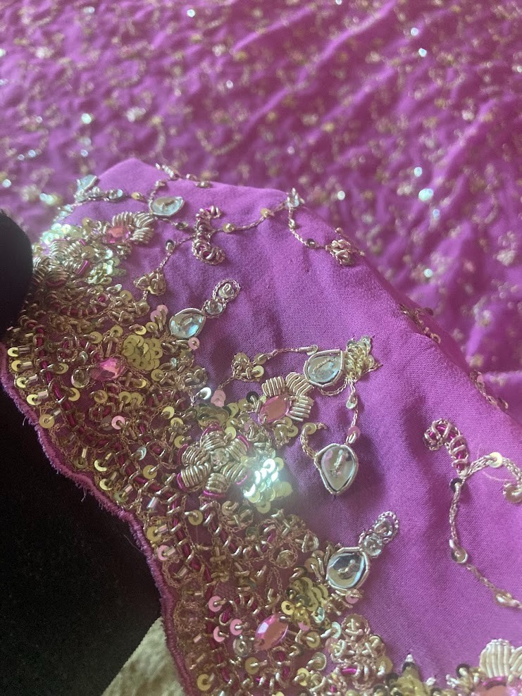 Vintage Indian Orchid Lavender Scarf Zardozi Gold Sequin Kundan Dupatta 100×44