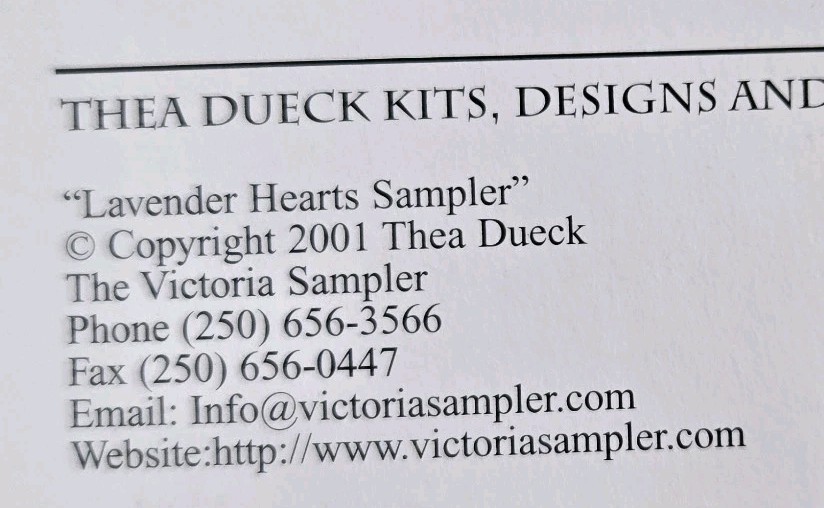 The Victoria Sampler Lavender Hearts Sampler Pattern w/ Embellishment Pack