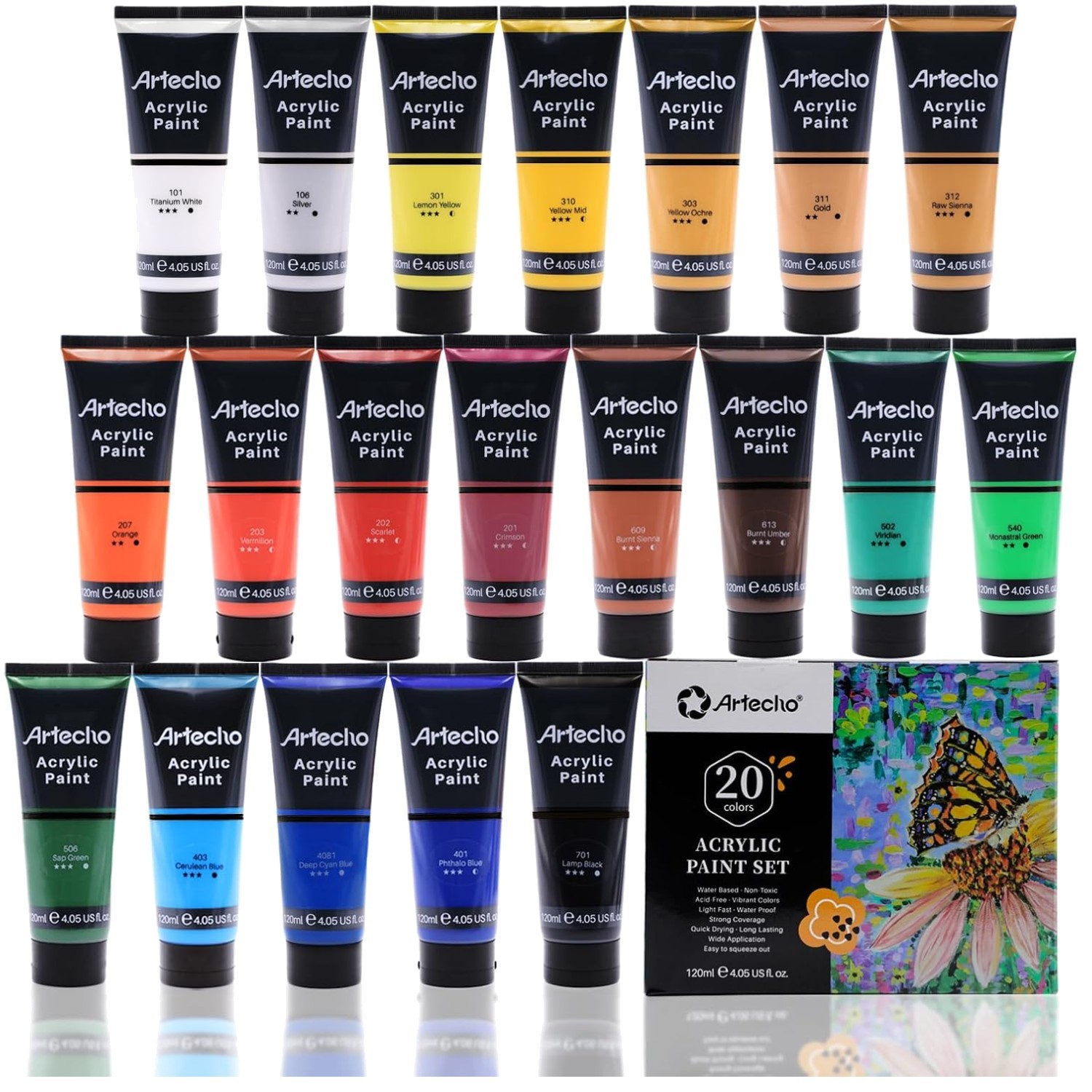 Non-Toxic Acrylic Paints – 4.05oz Tubes, 20 Colors