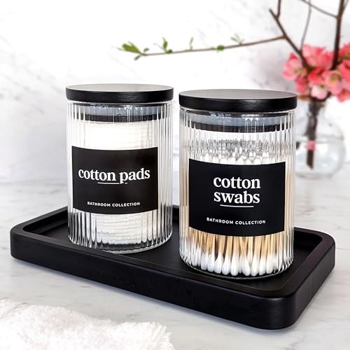 Ribbed Glass Bathroom Jars with Black Bamboo Lids | Cotton Pad / Swab / Q tip