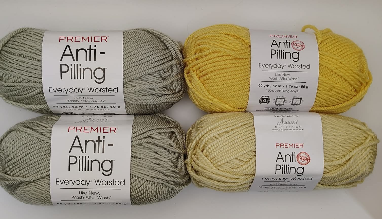 Lot of 4 Annie’s Kit Clubs Pemier Acrylic Yarn Skeins Green Tea, Marigold, Honey