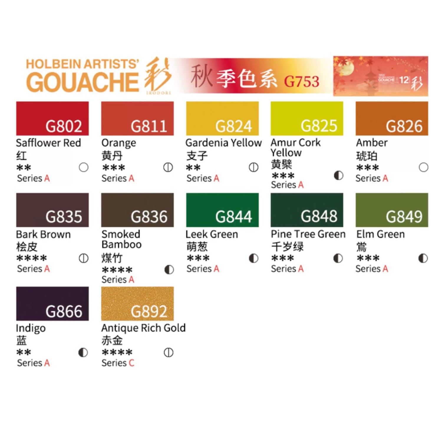Holbein Artists Gouache Irodori Autumn 12 Color Paint Set 15ml G753 Japan