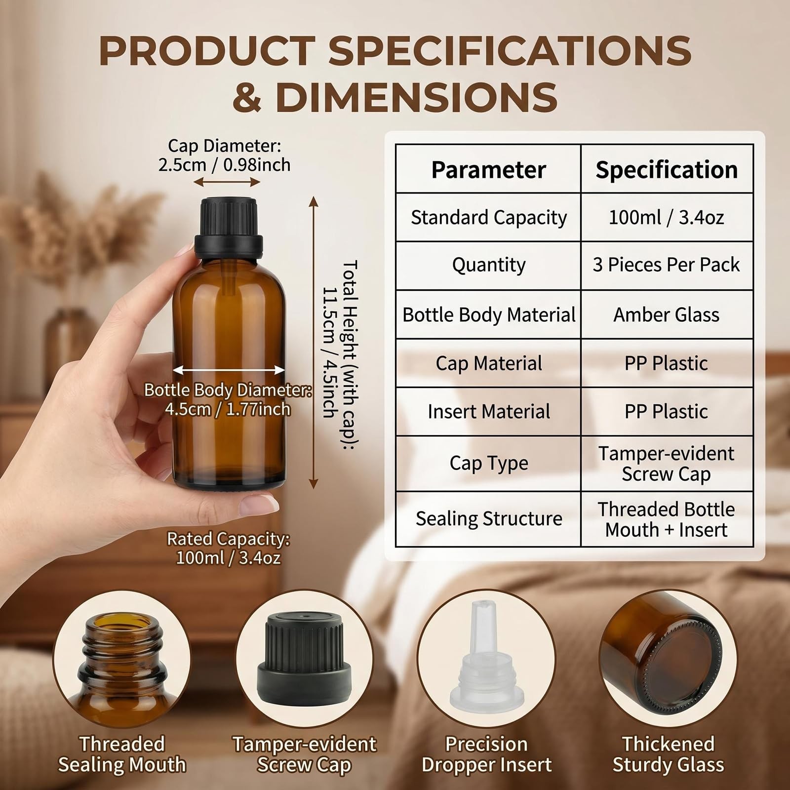 3PCS 100ML Empty Amber Glass Essential Oil Bottles 100ml/3.4 Ounce, amber