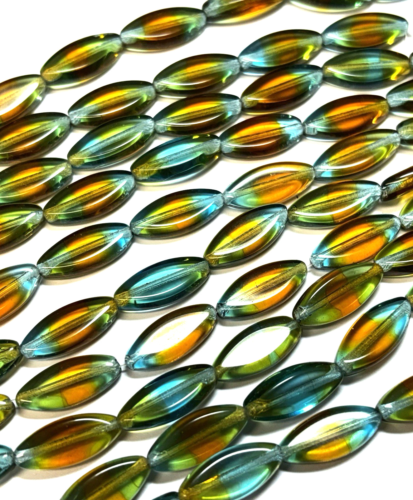8 17x8mm Czech Glass Spindle Marquise Blend of Aqua and Gold