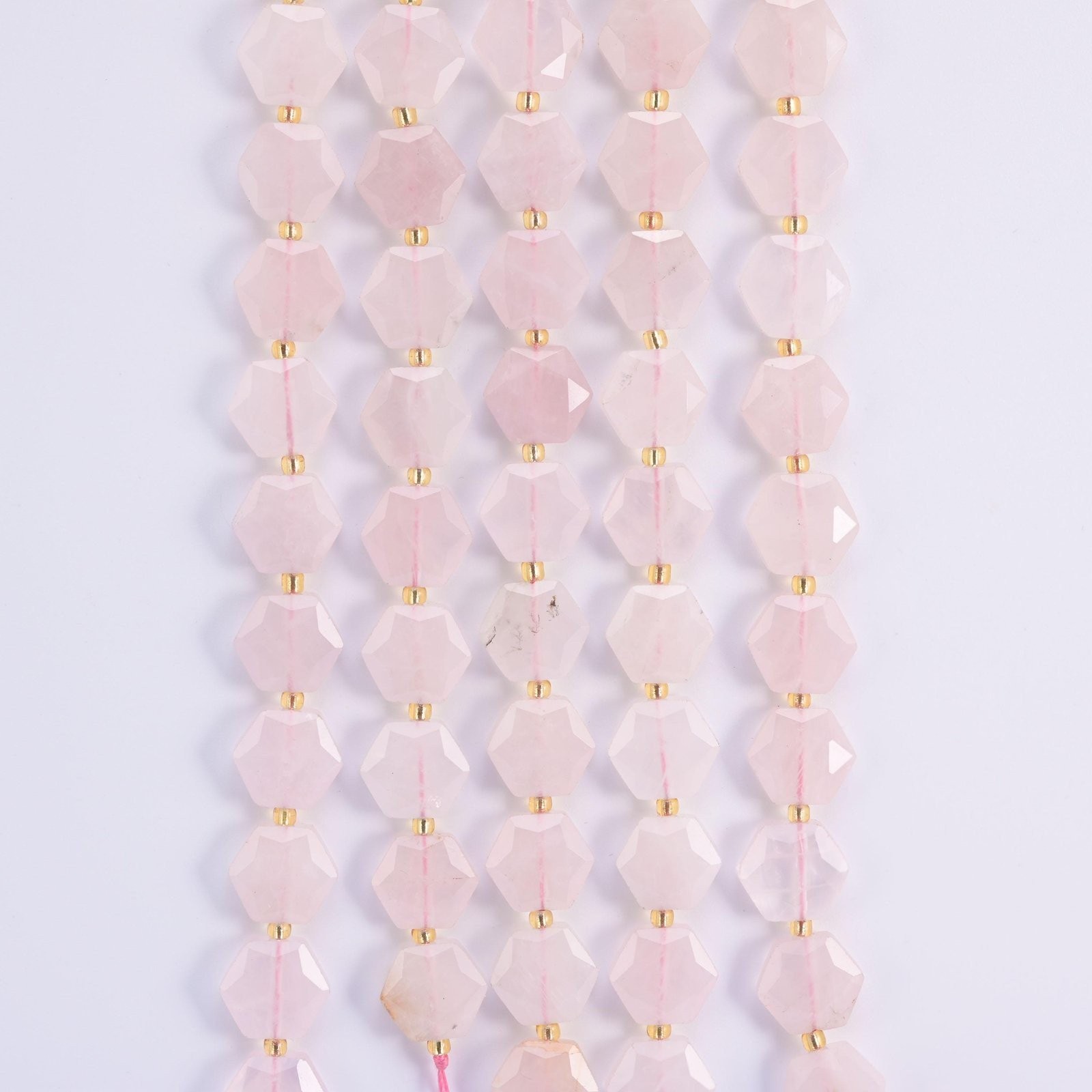 Natural Rose Quartz Flat Hexagon Faceted Gemstone Beads, Size 12mm
