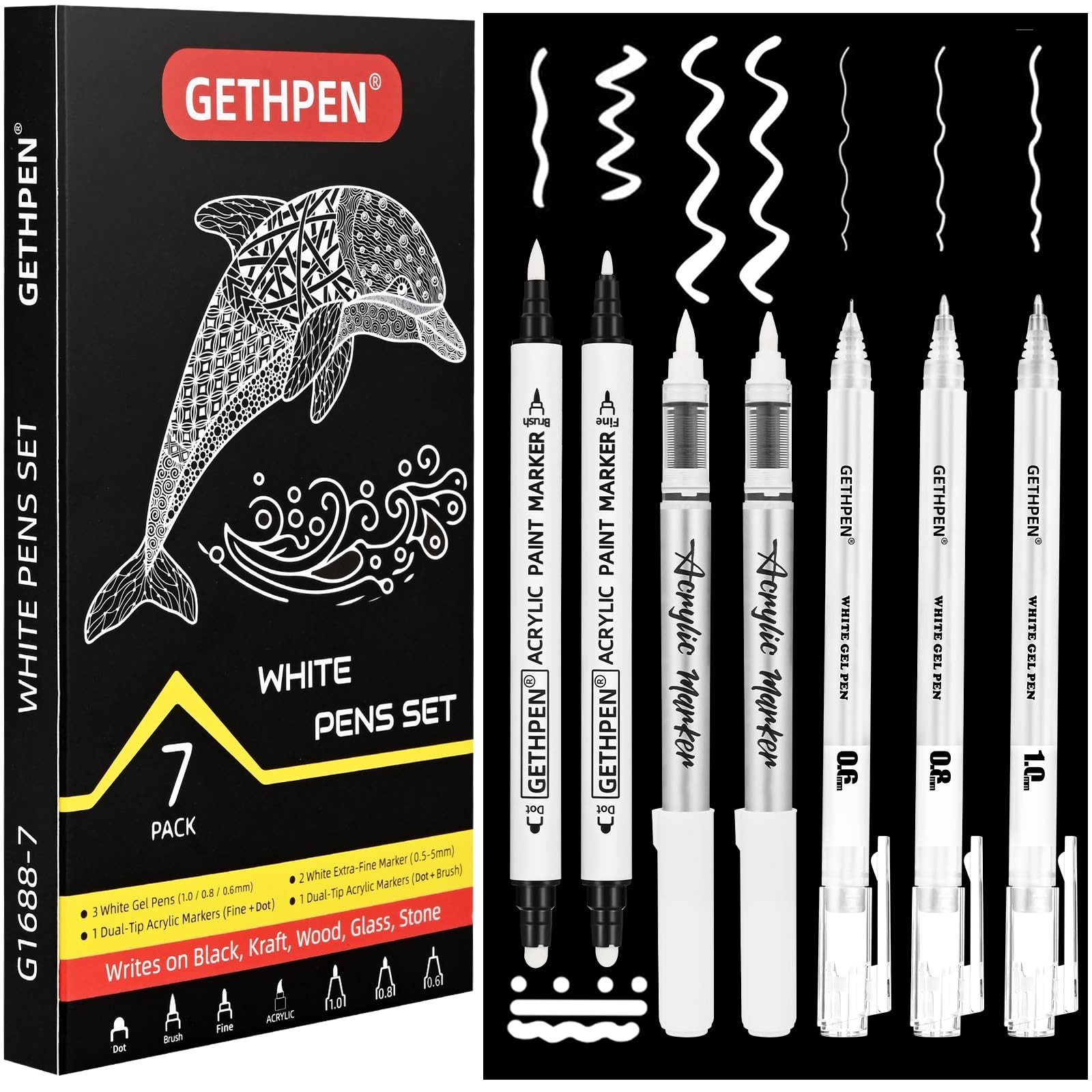 GETHPEN White Ink Pens, Fine Point Gel Pens, Brush Tip Acrylic Markers,white …