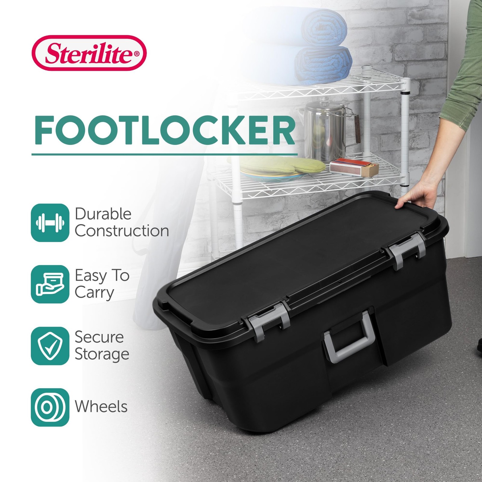 Sterilite 3 Pack Wheeled Footlocker, 22 Gallon Plastic Storage Container with…