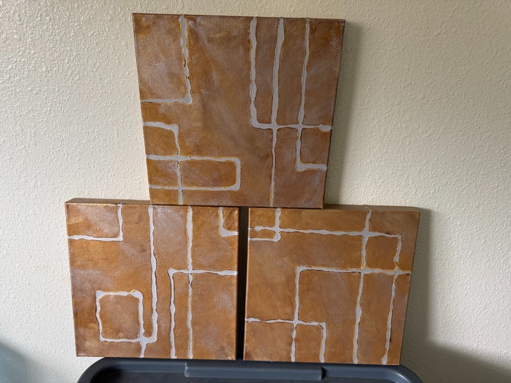 Original Abstract Triptych Painting Set – Gold Silver Geometric Textured Canvas