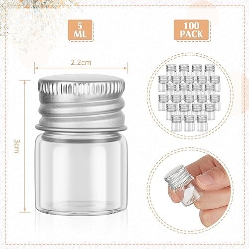 100 Pcs 5ml Mini Glass Bottles with Aluminum Caps – Tiny Jars for DIY Craft Stor