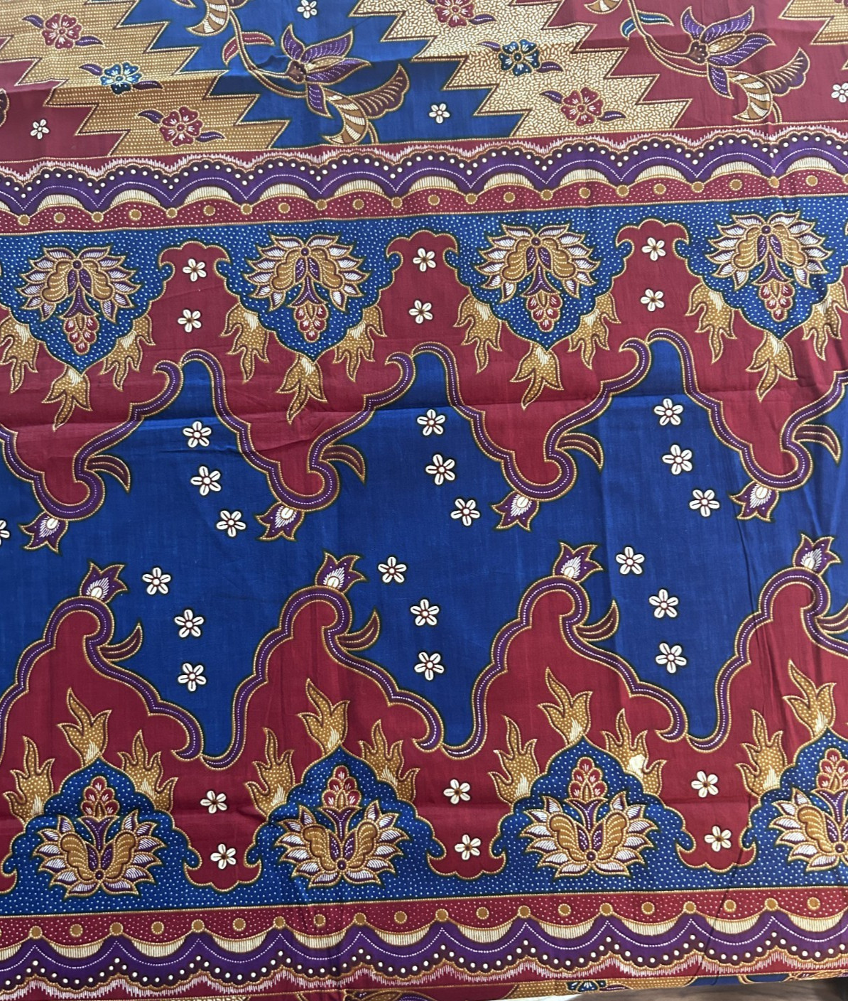 Vintage Indonesian Batik Fabric Cotton Floral Geometric Blue & Red Sarong 75×46