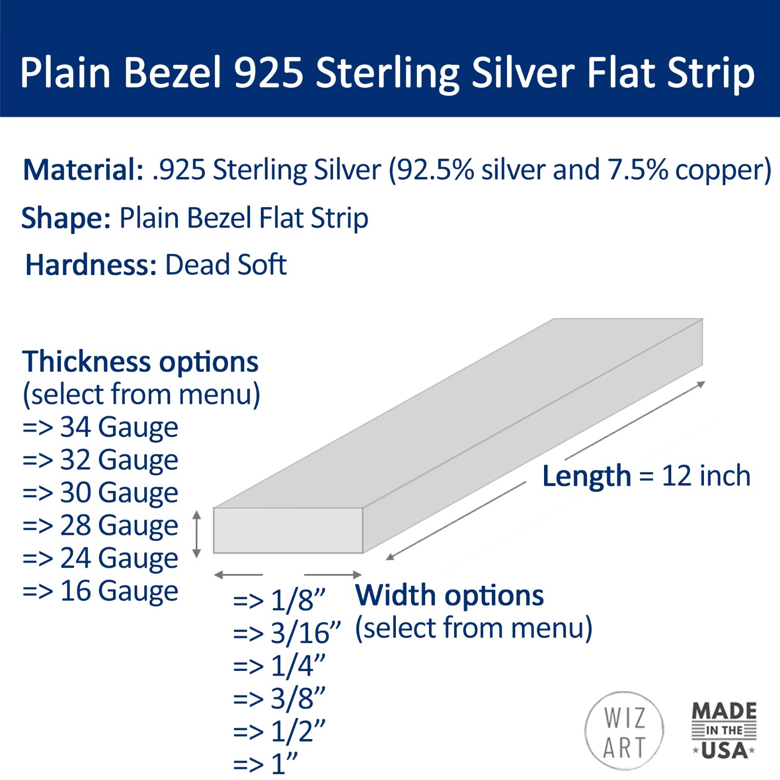 Plain Bezel Wire 925 Sterling Silver Flat Strip (11 size variations) made in USA