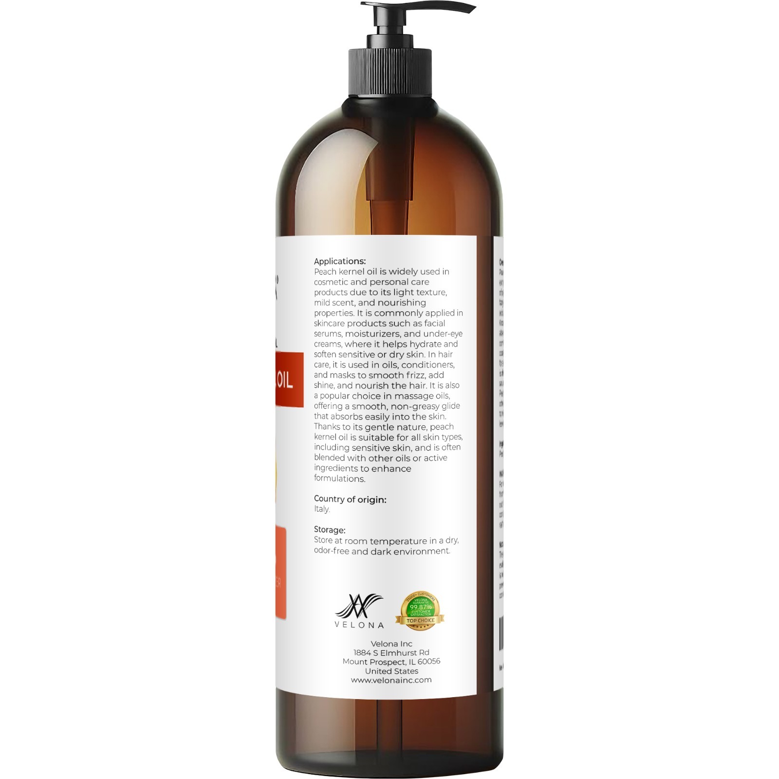 Peach Kernel Oil By Velona – 32 Fl Oz Refined Expeller pressed Skin, Hair Body