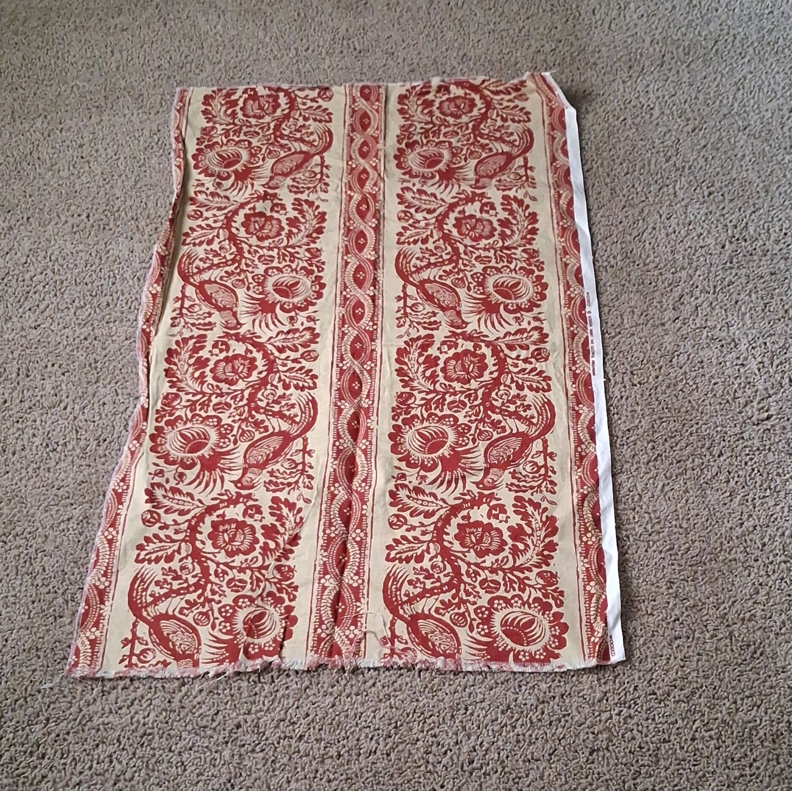 WOODCO Red/Beige Cotton Screen Print Floral Bird Fabric Panel