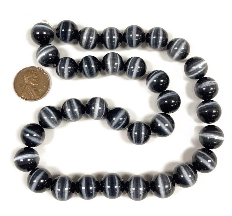 30 Cat’s Eye Fiber Optic Glass Jet Black 12mm. Smooth Round Beads 2612