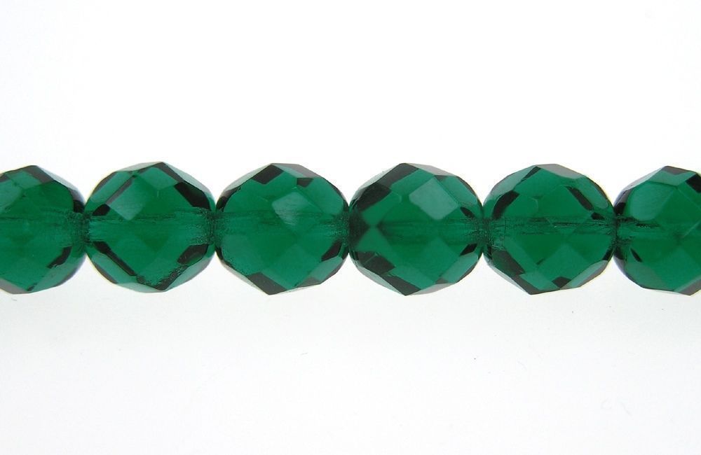 Czech Fire Polished Round Faceted Glass Beads in Emerald color, green