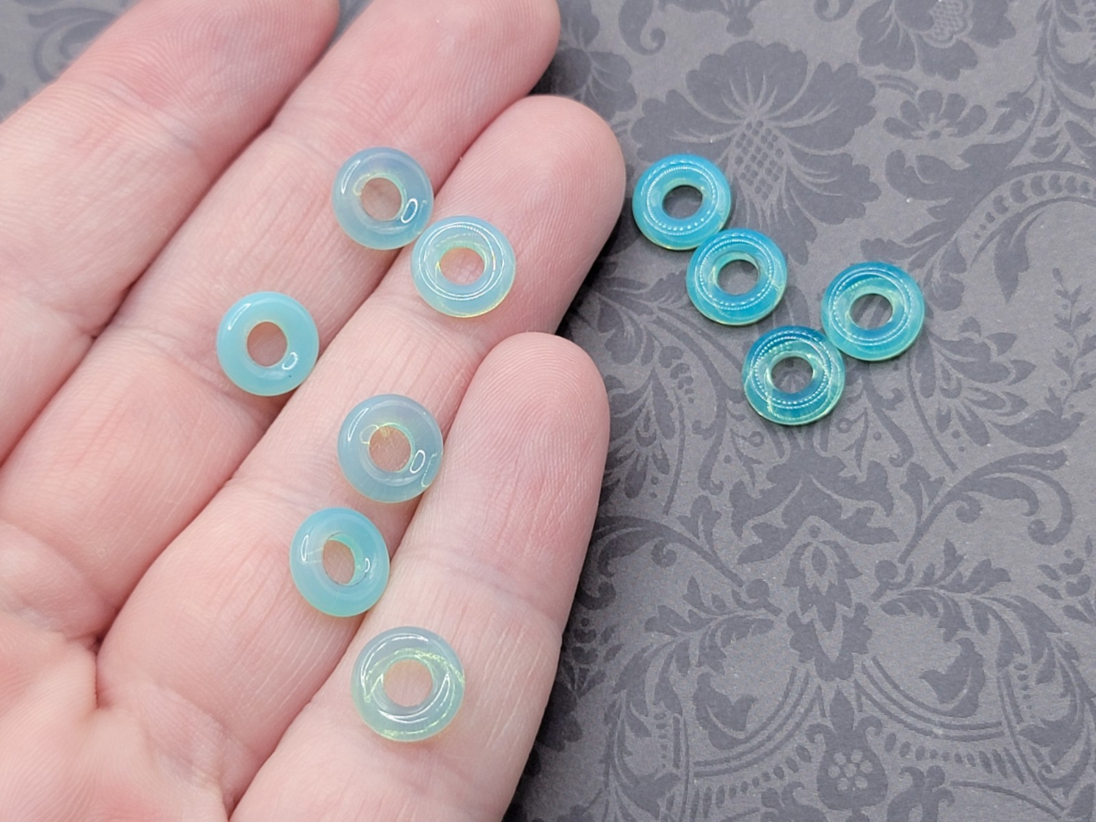 Donut Uranium Glass Beads Blue Green Opal Ring Beads Large Hole 9mm Czech 10pcs