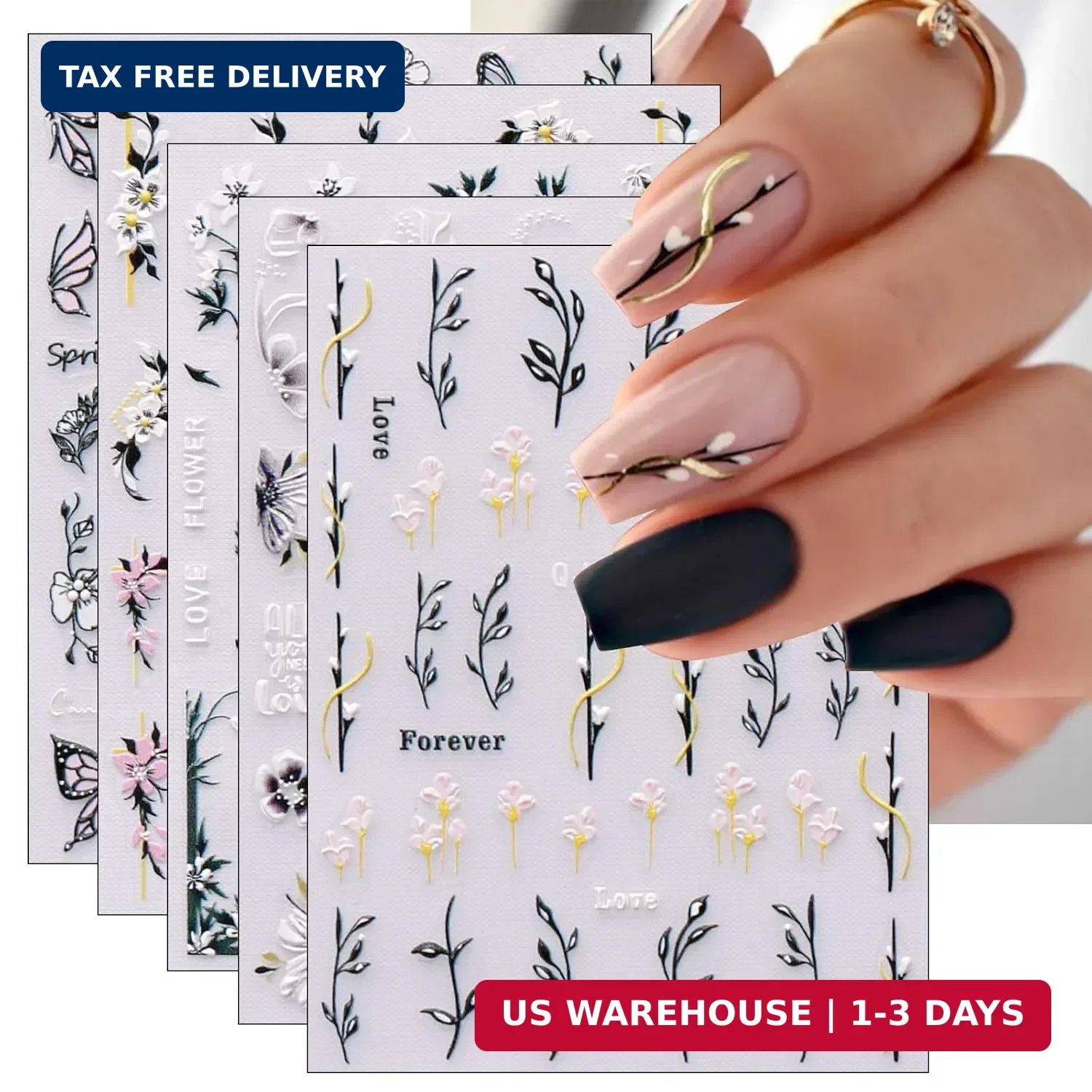 6 Sheets 3D Embossed Spring Flower Nail Art Stickers Decals Self-Adhesive Pegati
