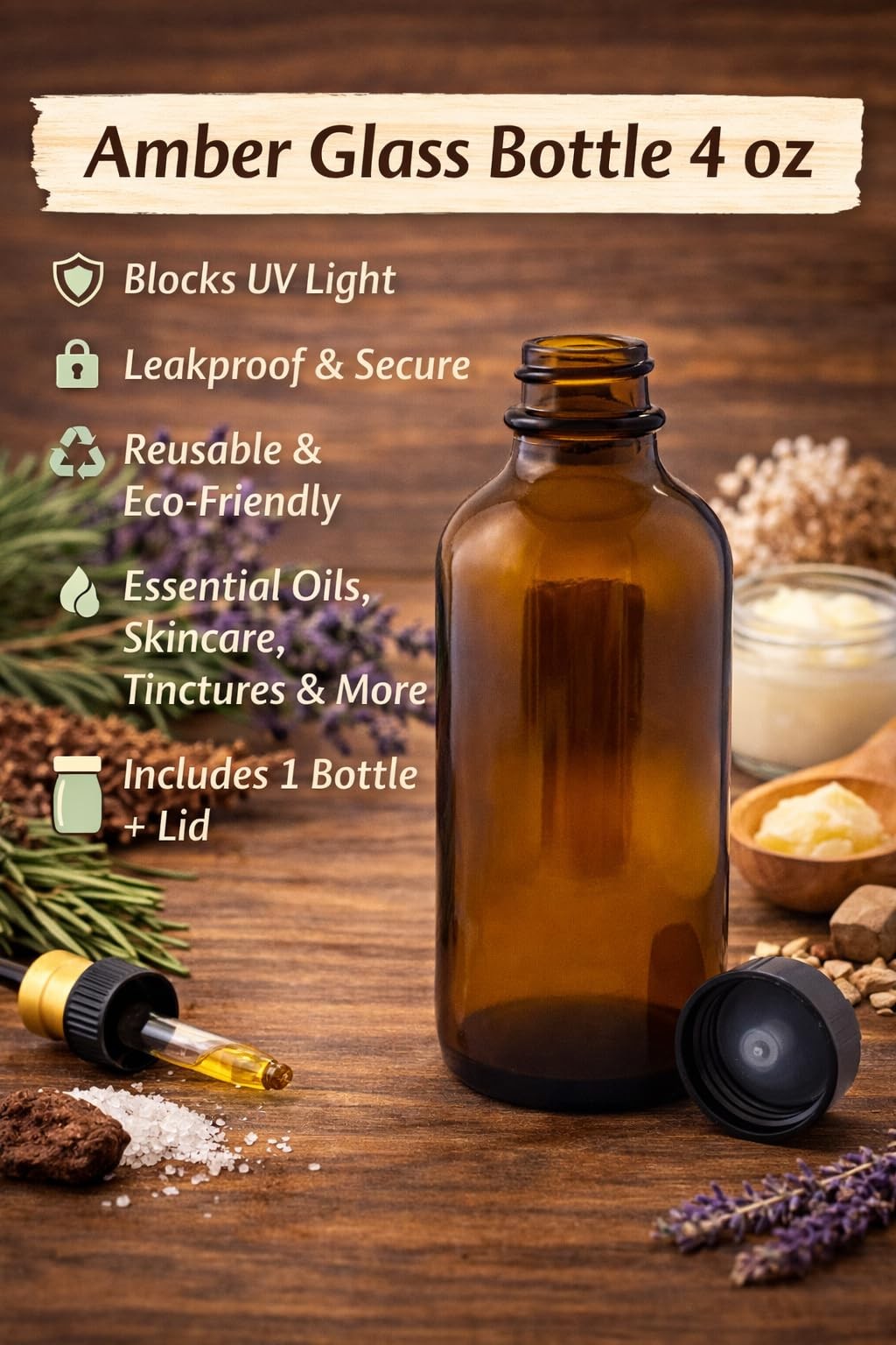 Amber Glass Bottle 4oz W/lid 6 Pcs