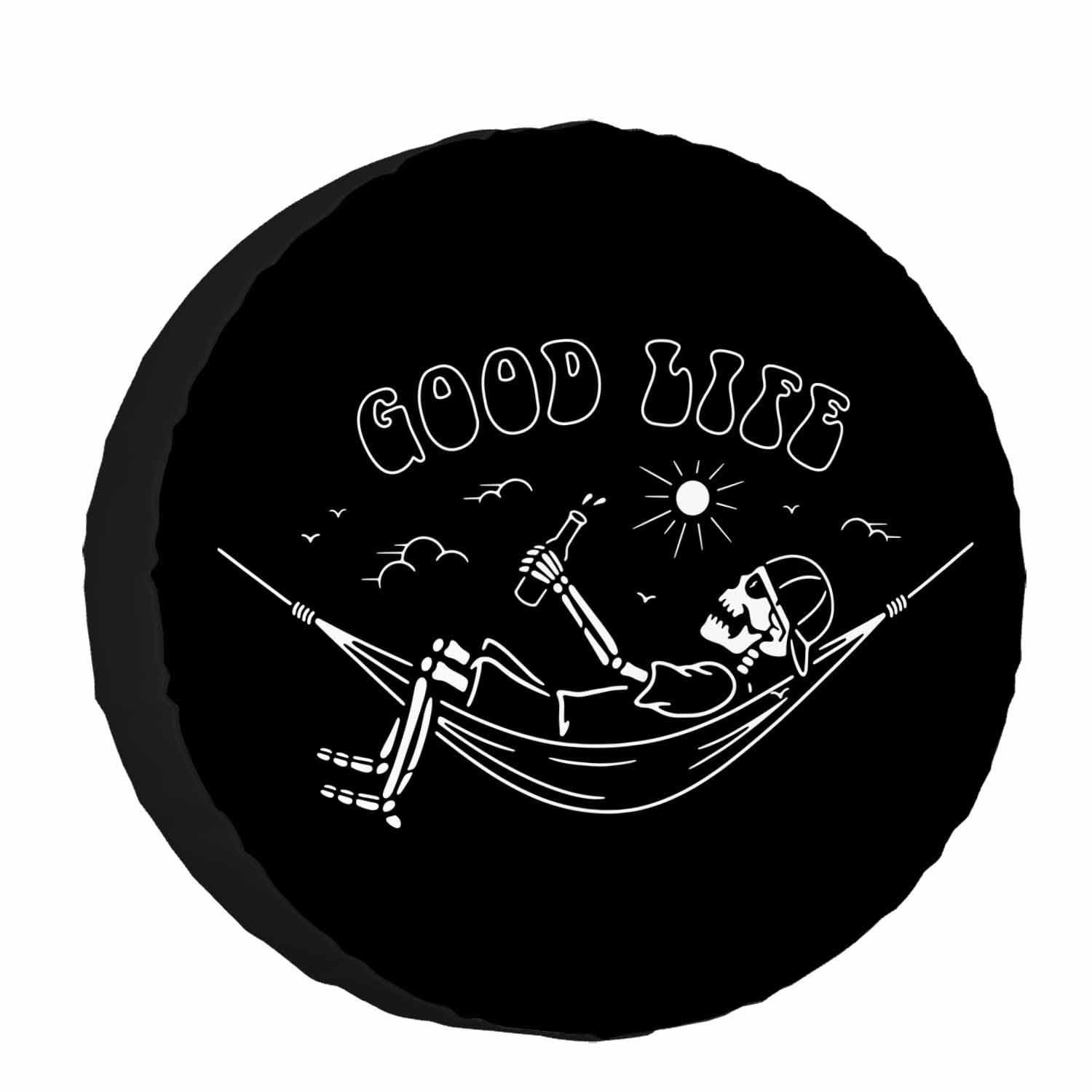 Skeleton in Hammock Spare Tire Cover Beautiful Life White Black Background Wh…