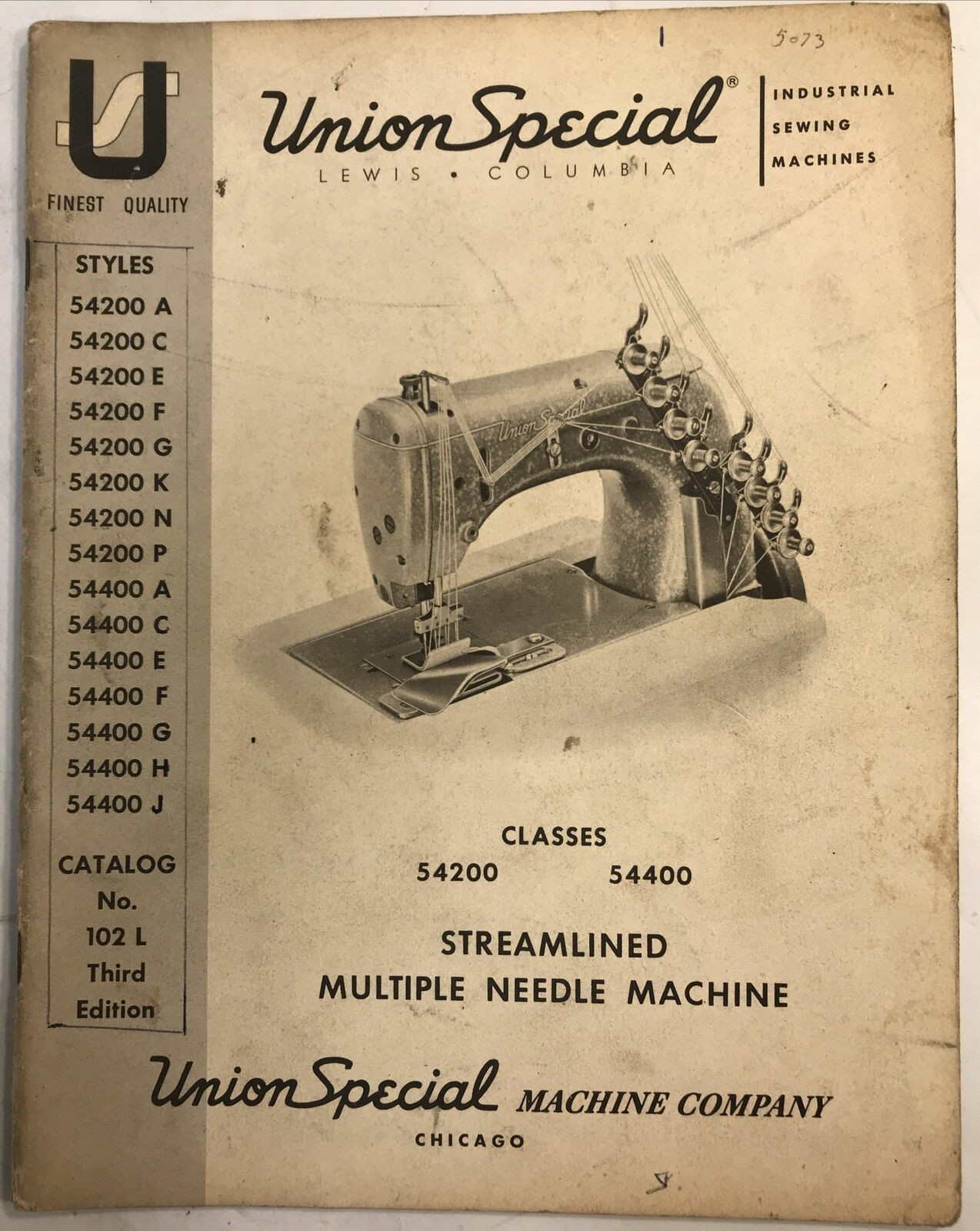 UNION SPECIAL CLASSES 54200 54400 STREAMLINED MULTIPLE NEEDLE MACHINE PARTS BOOK