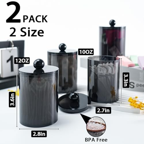 2 Pack Qtip Holder,Canister Apothecary Jar Set, Bathroom 2 pack-black-10&12oz
