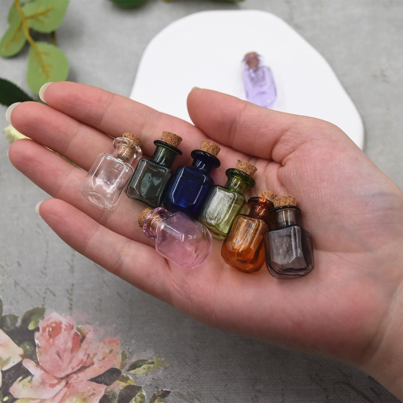 Tiny Glass Jars Mini Bottles With Cork Stoppers Square Decoration Colored 10 PCS