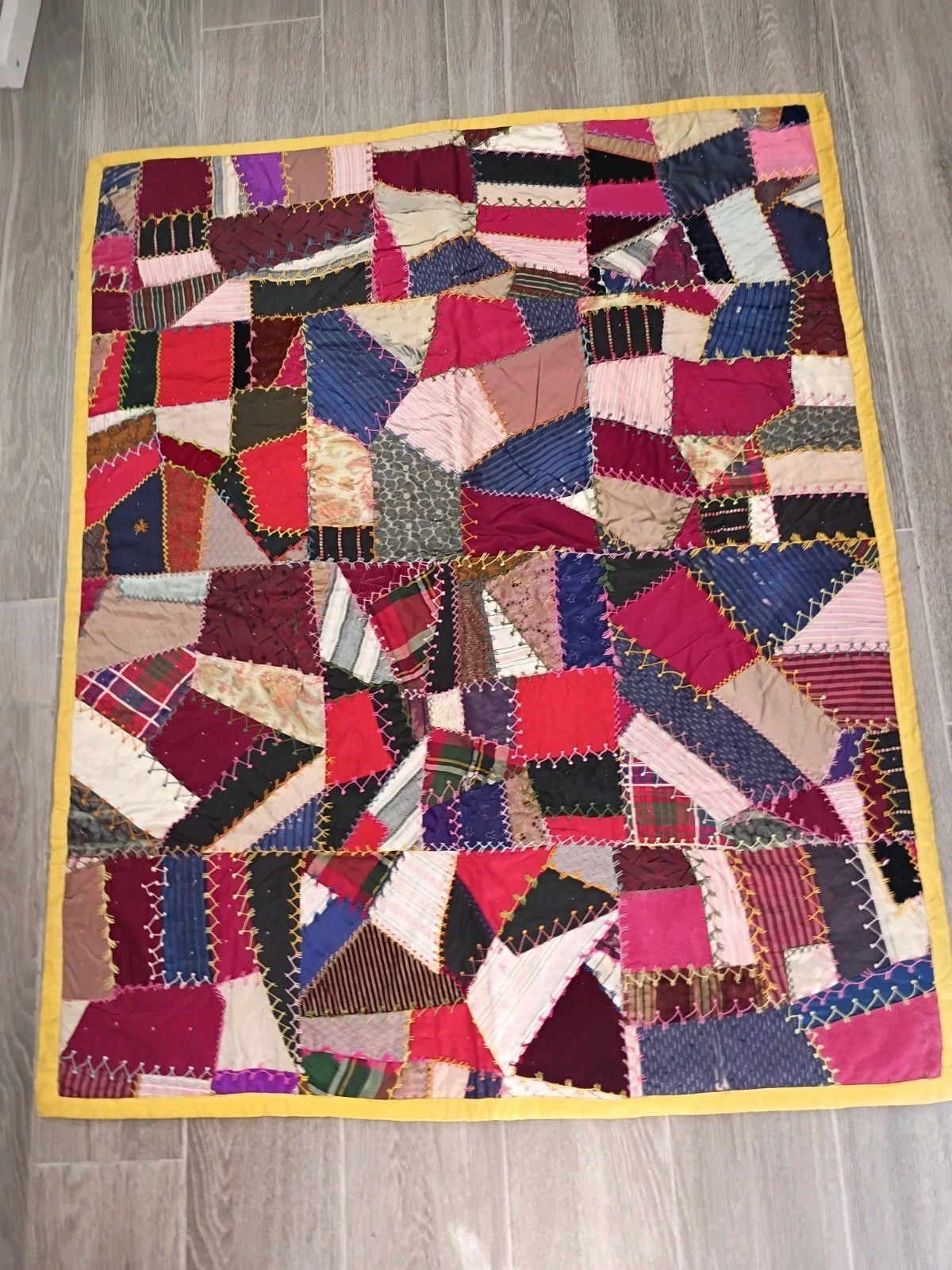 Crazy Quilt Throw Art Heirloom Fabric Abstract Embroidery Skillfully Made