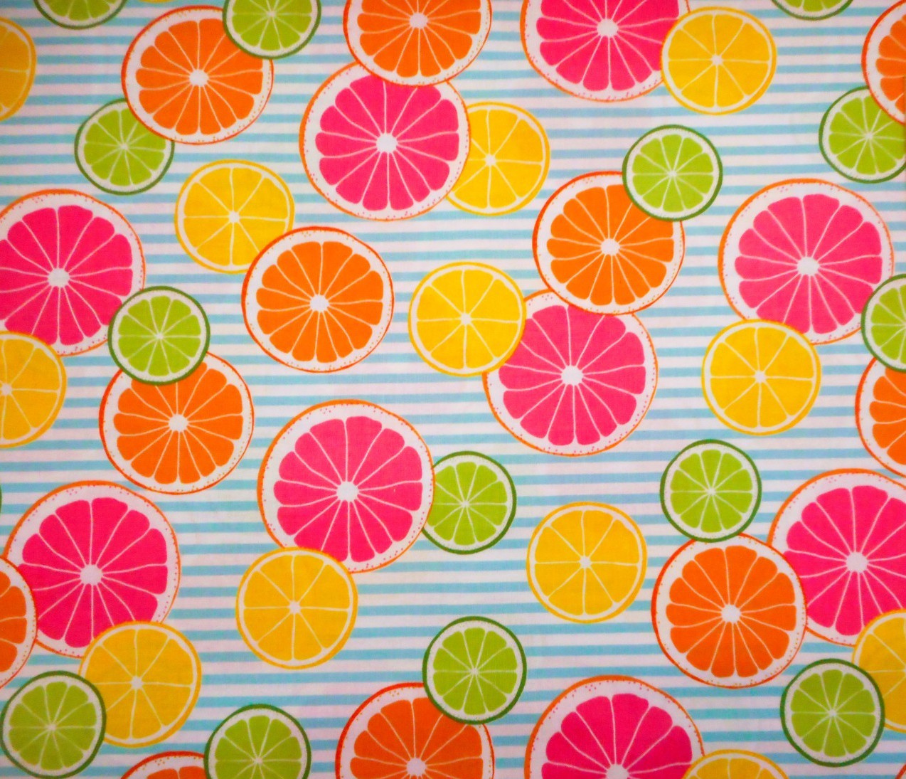Fruit Fabric By Yard Orange Grapefruit Lemon Lime Slices on Blue & White Cotton