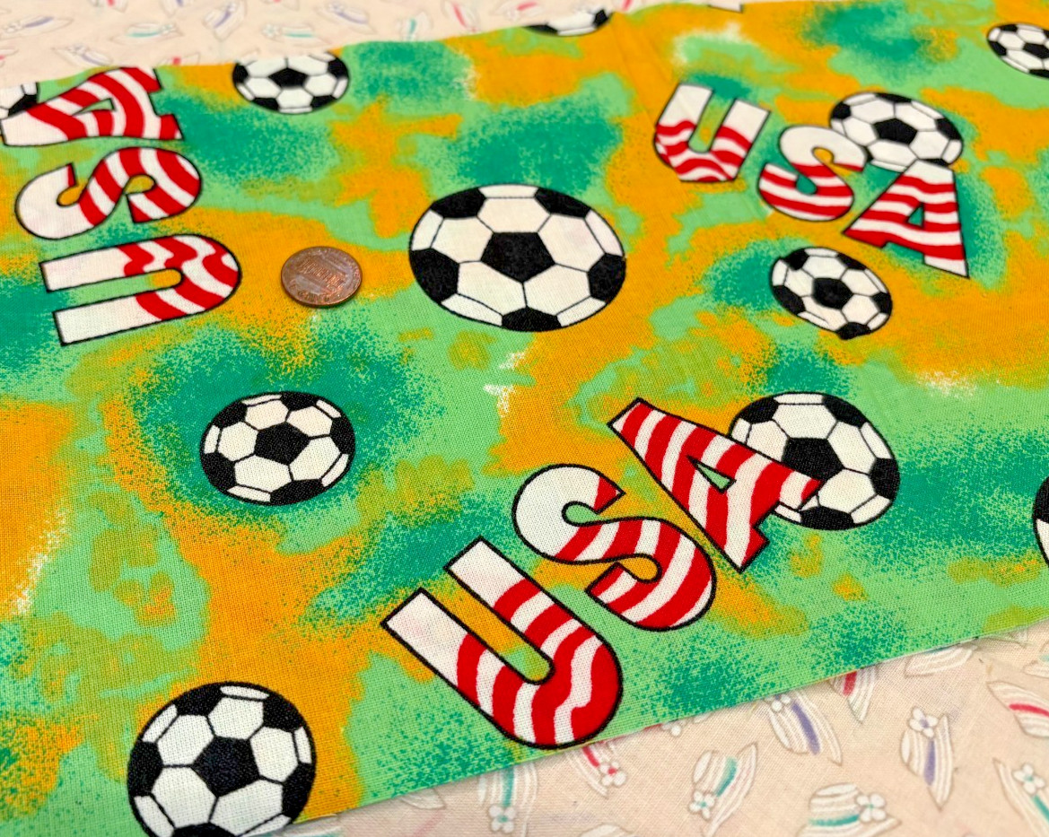 Soccer Balls* USA*on Green & Yellow * Stutz-Horowitz Co.* 100% Cotton* 8″ x 29″