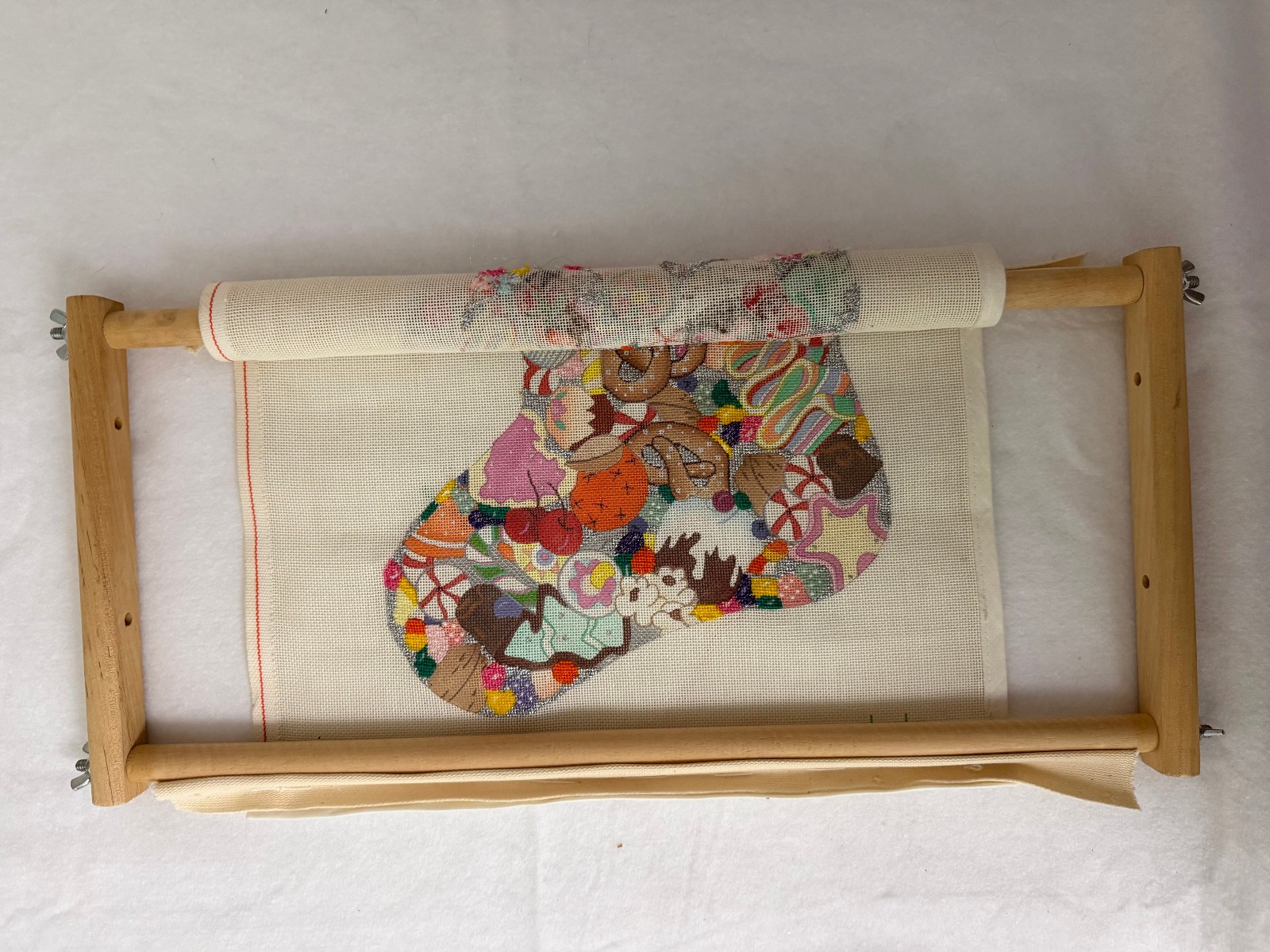 Partially completed 18 mesh CANDIES 15 x 22″ Christmas Stocking w scroll bars