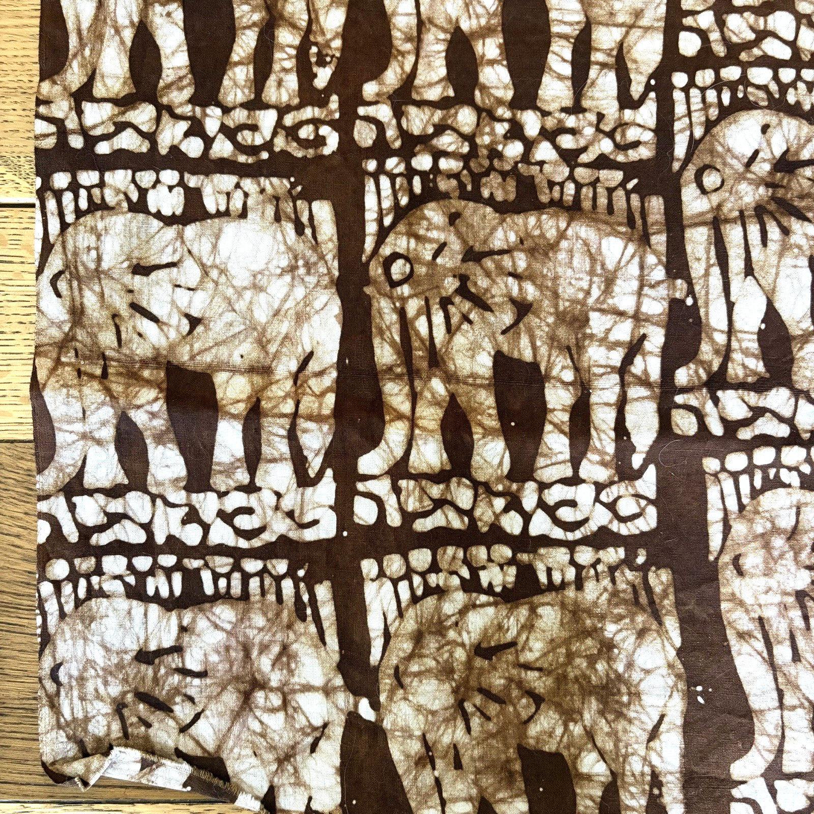 Brown & White Elephant Batik Cotton Fabric Remnant Indonesia 26″x44″ Handprinted
