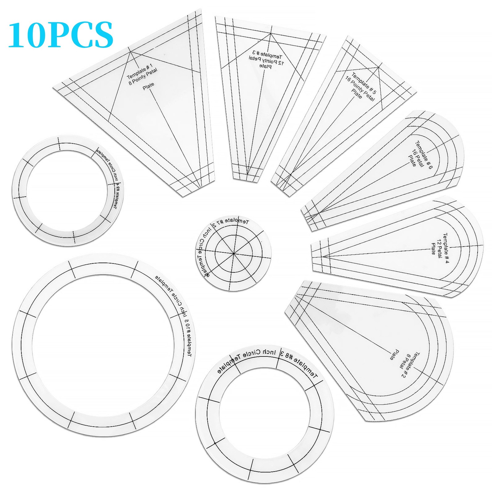 10 PCS Acrylic Quilting Ruler Set Transparent Patchwork Templates for DIY Sewing