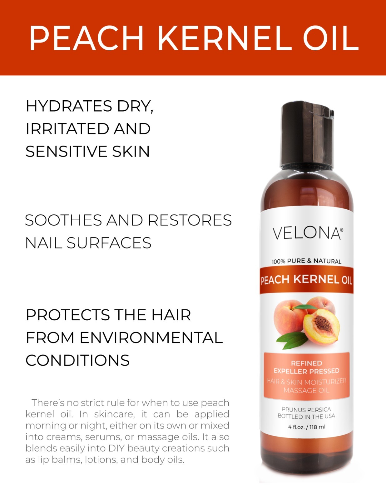 Peach Kernel Oil By Velona – 4 Fl Oz Refined Expeller pressed Skin, Hair Body