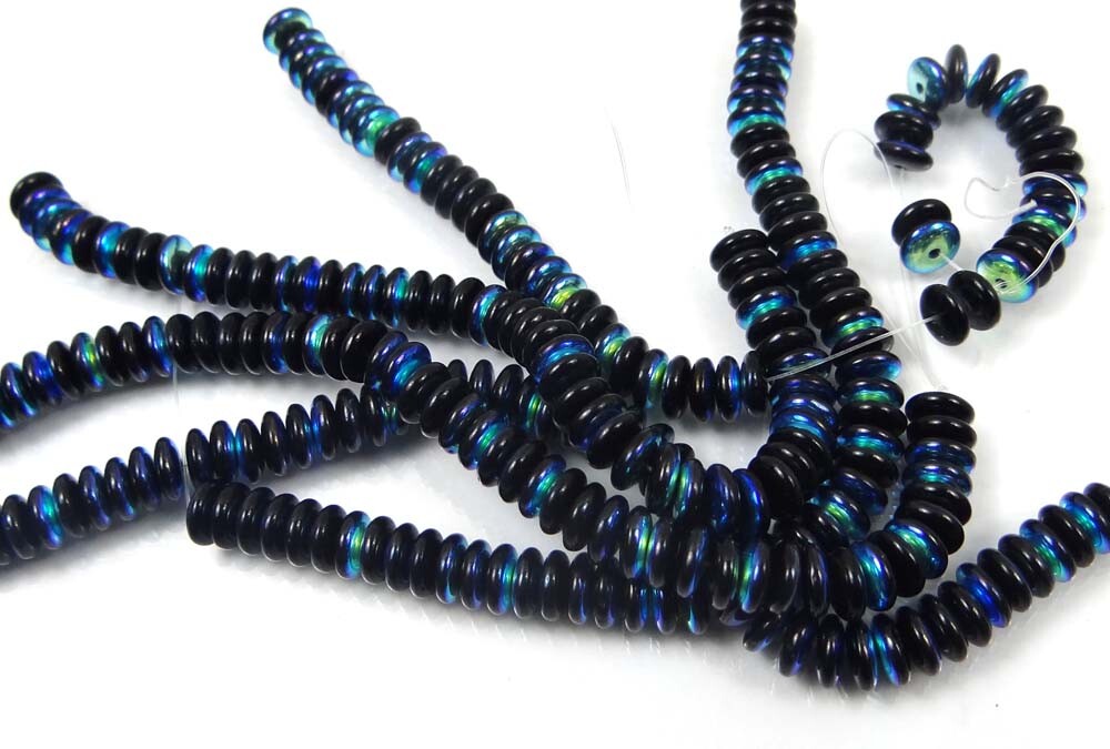 50 Czech Glass Rondelle Beads – Black Jet – AB moonstone 6x2mm