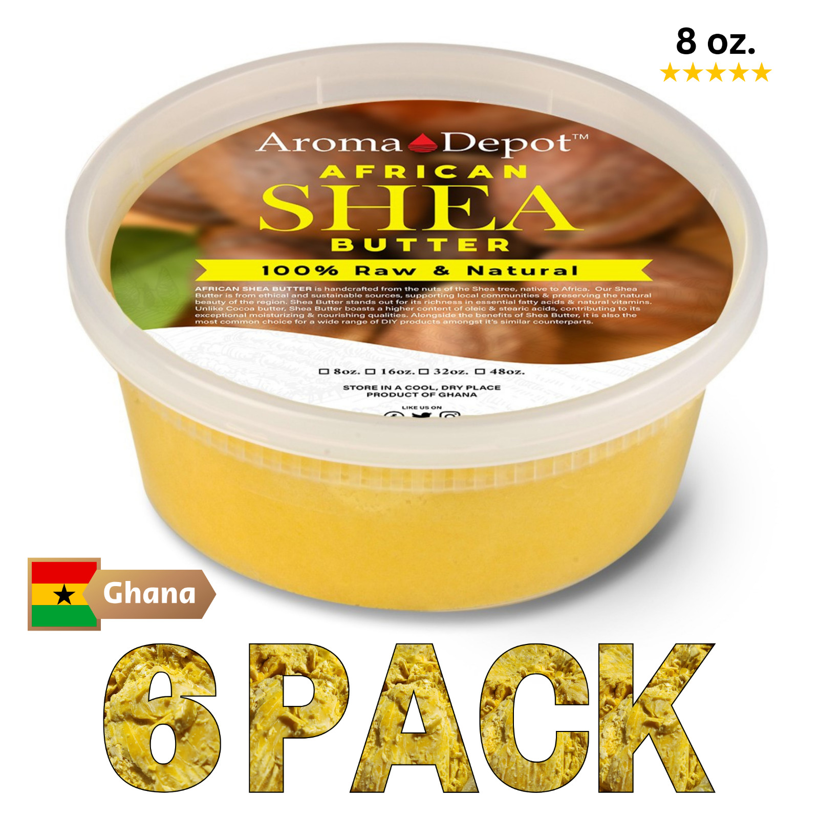 Raw African Shea Butter 8 oz. 100% Pure YELLOW Organic Natural 6 PACK WHOLESALE