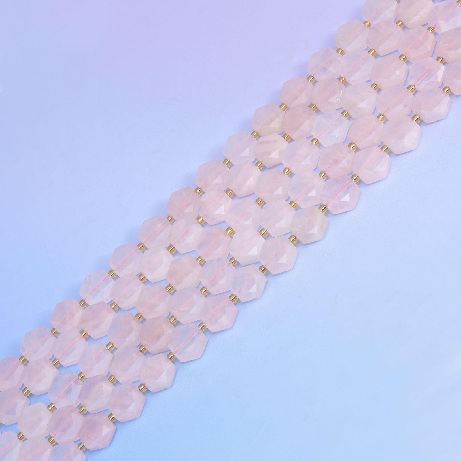 Natural Rose Quartz Flat Hexagon Faceted Gemstone Beads, Size 12mm