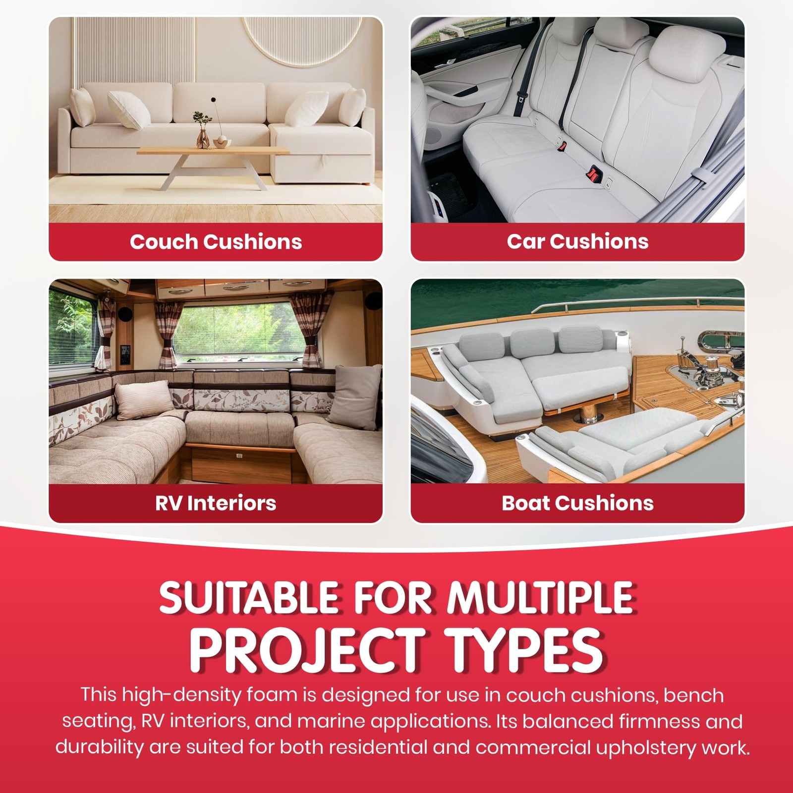 High Density 1 inch Thick 24 inch Wide 120 inch Long Upholstery Foam Cushion