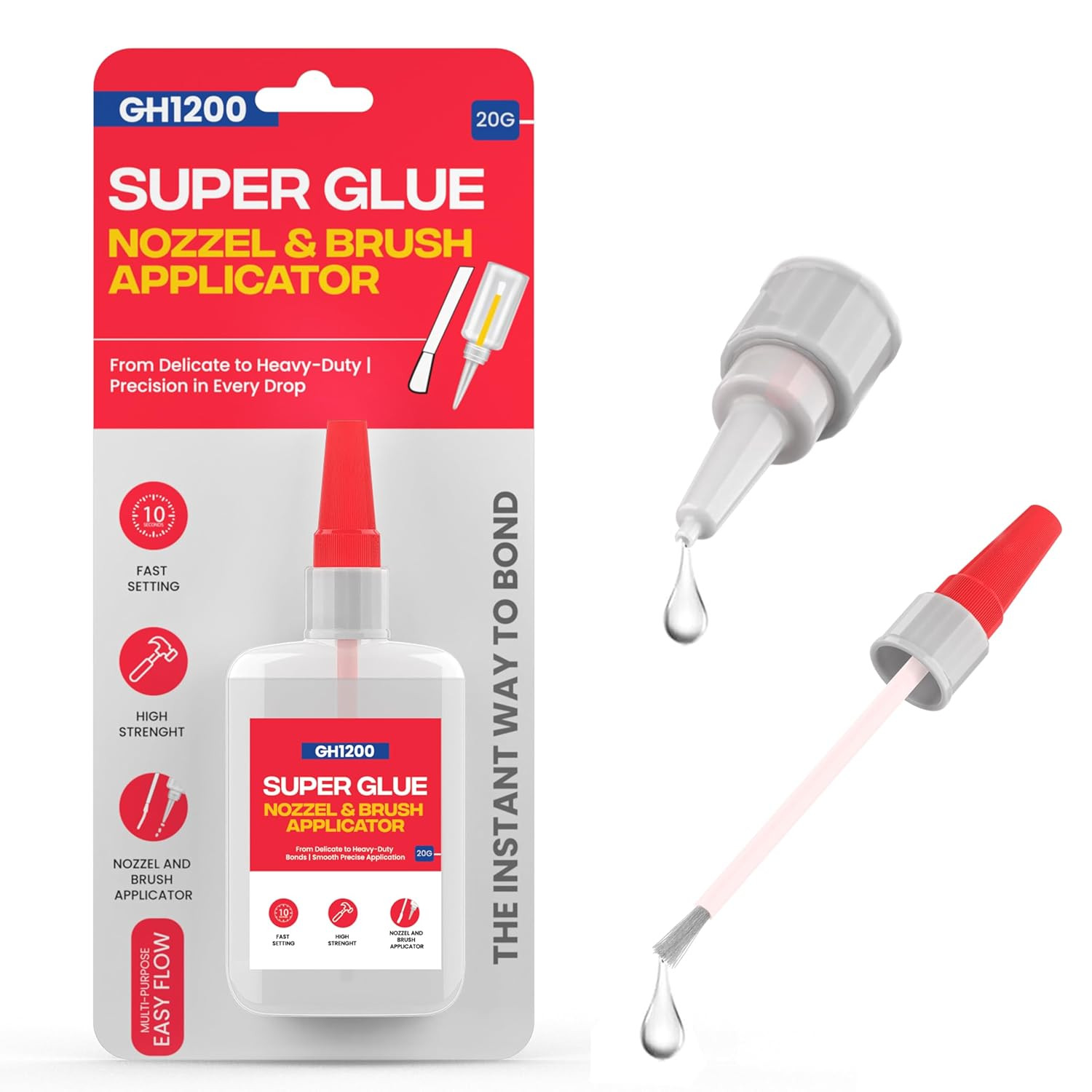(2-In-1) Super Glue with Brush Applicator & Nozzle, Mess Free Superglue Brush